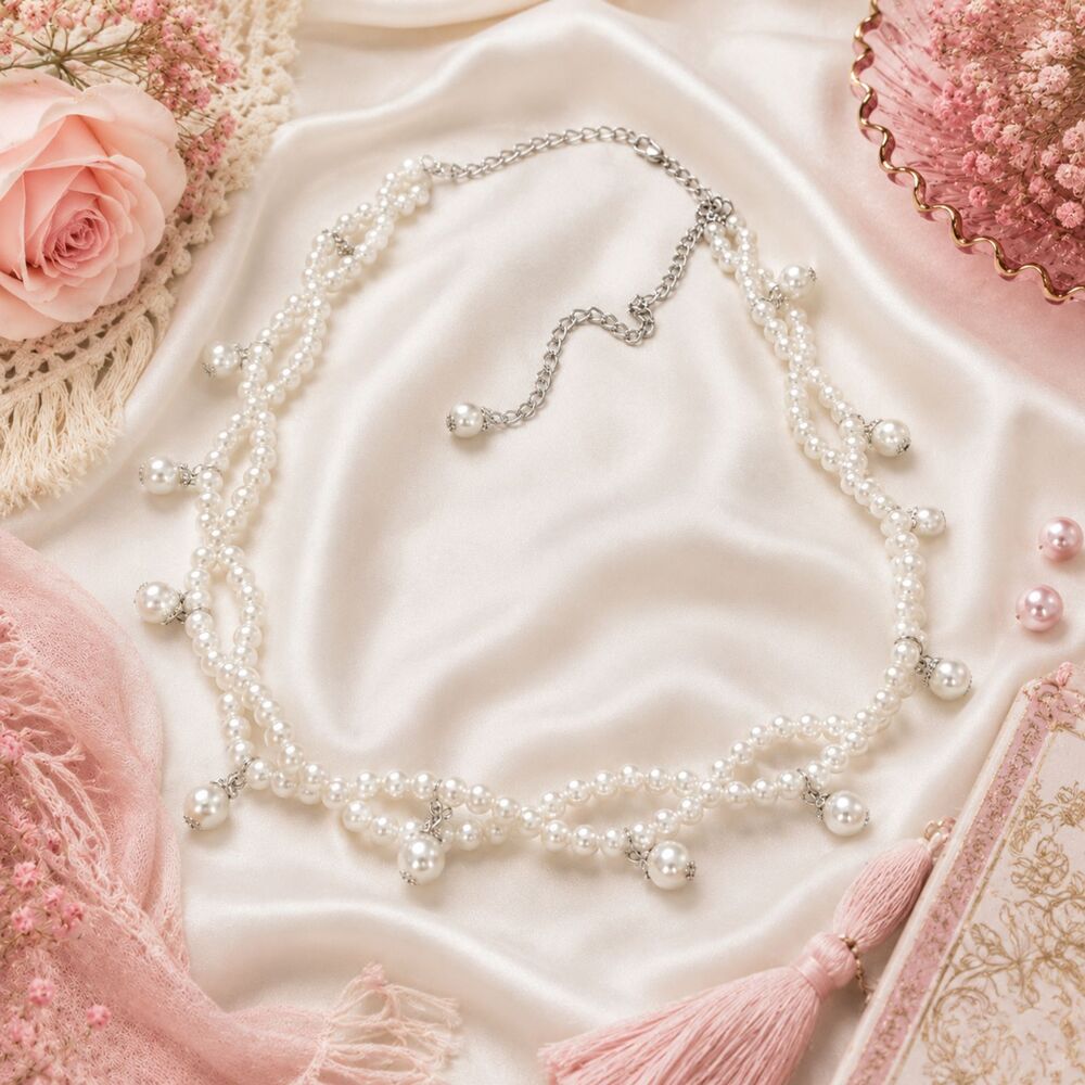 White Faux Pearl Criss Cross Chain Belt Rhinestone Accents Adjustable 40"